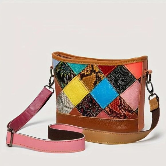 Womens Fashion Crossbody Bag Random Color Patchwork Shoulder Bag Leather Fabric - Picture 7 of 11